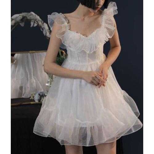 2021 Summer Kawaii Fairy Dress Women Vintage Elegant Sweet Strap Mini Dresses Backless Ruffle White Mesh Cute Lolita Dresses