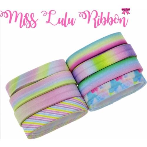 5/8"16mm Gradient Color Stripe Patterns Printed Fold Over Elastic Ribbon Hair Band Making DIY Girly Bowknots 50yards/roll