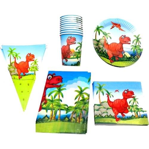 51pcs/lot Red Dinosaur Theme Napkins Hanging Banner Birthday Party Flags Plates Cups Tablecloth Decorate Kids Favors Bunting