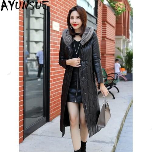 AYUNSUE Leather Jacket Mink Fur Collar Hooded Long Down Jacket Winter Jacket Women Genuine Sheepskin Coat 4xl Chaqueta Mujer MY