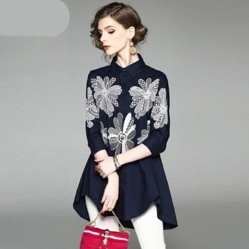 Fashion Women Spring Summer Blouses Temperament Elegant Embroidery Polo-Neck Shirts Large Size Loose Blusas Tops MM0546