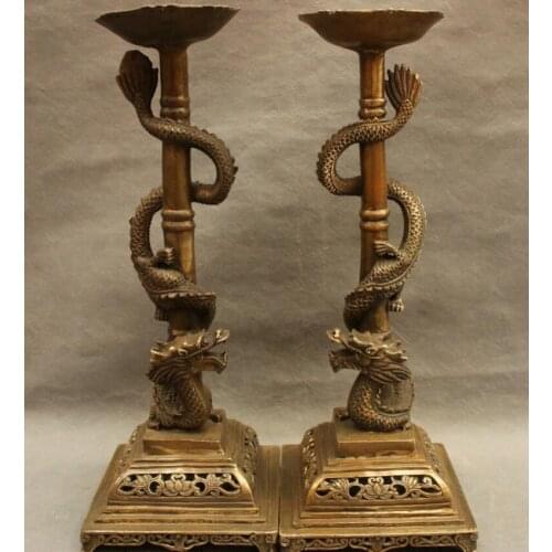 Fast shipping USPS to USA S1488 15" Chinese Bronze Copper Flower Fly Dragon Statue Candle Stick Holder Pair