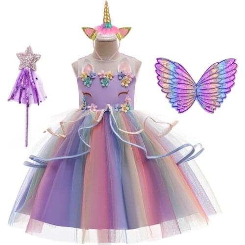 2021 Halloween Cosplay Costume For Girls Children Birthday Party 4pcs Kids Unicorn Rainbow Vestido Flower Performance Dresses