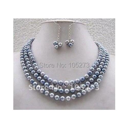 Elegant! pearl jewelry set AA 7-8MM 3rows Gray color Genuine freshwater pearl necklace +earring Nice jewelry Free shipping NF170
