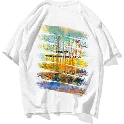Retro High Street Oil Painting Rainbow Print Short-sleeved T-shirt Men And Women Pure Cotton Loose Oversize Drop Shoulders