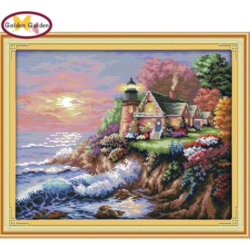NKF The seaside lighthouse scenery style Christmas stocking needlepoint kits cross stitch embroidery designs for home decoration