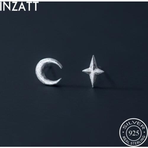 INZATT Real 925 Sterling Silver Moon Cross Asymmetry Stud Earrings For Fashion Women Fine Jewelry Punk Accessories Gift