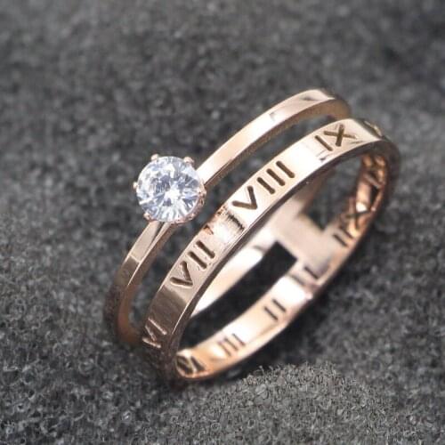 Classic Titanium Steel Roman Numeral Double Layers Cubic Zirconia Ring Rose Gold Color Fashion Jewelry Wedding Ring