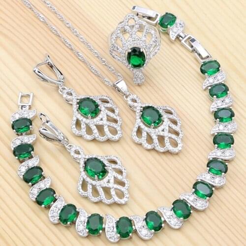 925 Silver Bridal Jewelry Sets For Women Wedding Green Cubic Zirconia Ring/Bracelet/Necklace/Pendant/Drop Earrings Set