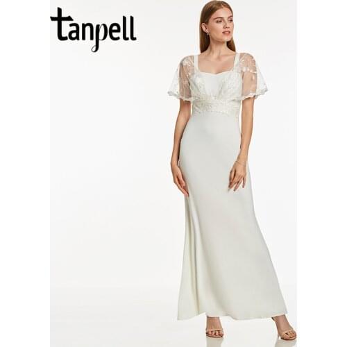 Tanpell lace long evening dress v neck black appliques short sleeves floor length dress cheap white wedding prom evening dress