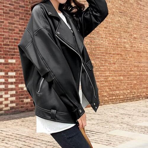 Autumn Womens Faux leather jacket PU Motorcycle biker zipper Tops fake leather Loose Streetwear Casual Trench Coat women