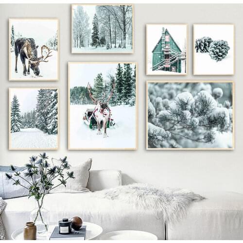 Elk Cabin Pine Cone Pine Tree Sleigh Car Wall Art Canvas Painting Nordic Posters And Prints Wall Pictures For Living Room Decor