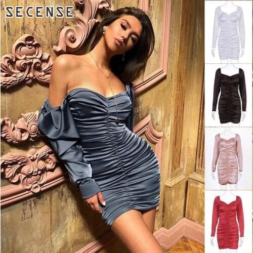 Off Shoulder Ruffled Mini Bodycon Dress Satin Long Sleeve Shirring Sexy Vestidos Pink Red Grey Vintage SECENSE
