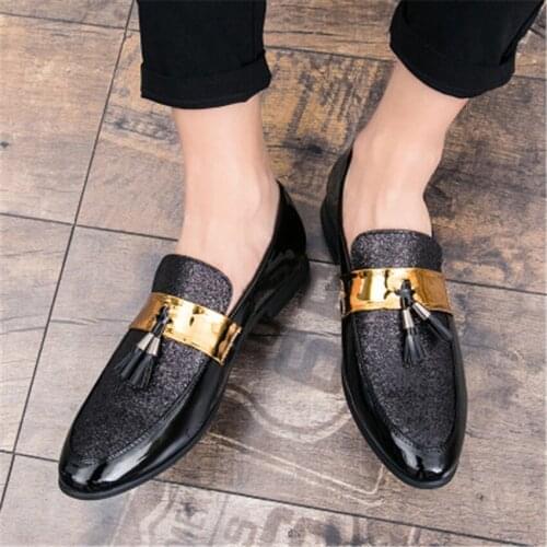 2021 Fashion Men Flat Black Golden Formal Patchwork Tassel Leather Shoes Men Handmade Wedding Party Loafers Moccasins Dress Shoe