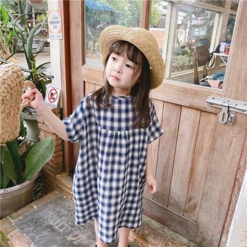 2021 Childrens Summer New Girls Dress Korean Baby Girl Shirt Dress Short-sleeved Toddler Plaid Casual Dress Baby Girl Clothes