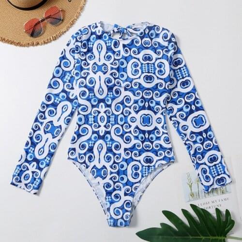 2021 New Fashion Long-sleeved Sunscreen Wetsuit Ladies Print Conservative Swimsuit Swimsuit Bikini