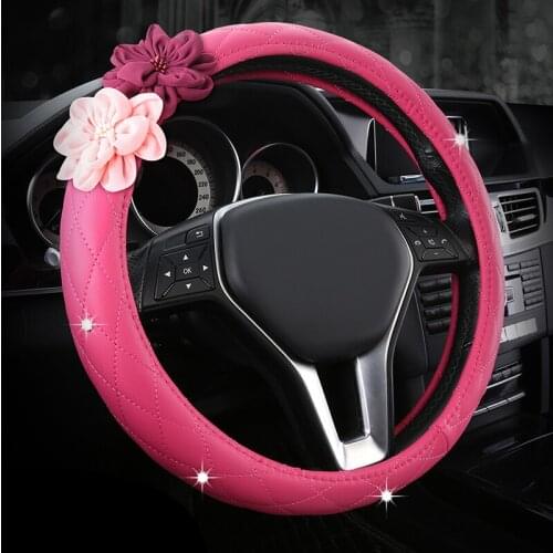 New Diamond Flowers Car Steering Wheel Cover PU Leather Cute Universal for BMW Nissan Mazda VW Lada Kia Girls Car Accessories