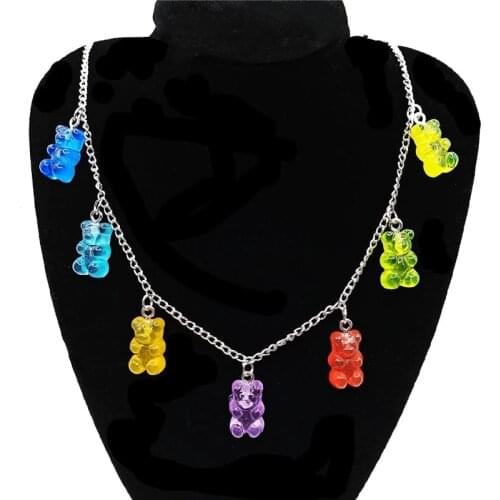 Rainbow Cute Jelly Bear Gummy Necklaces for Women Girls Punk Hip Hop Resin Stainless Steel Chain Necklaces Accessories