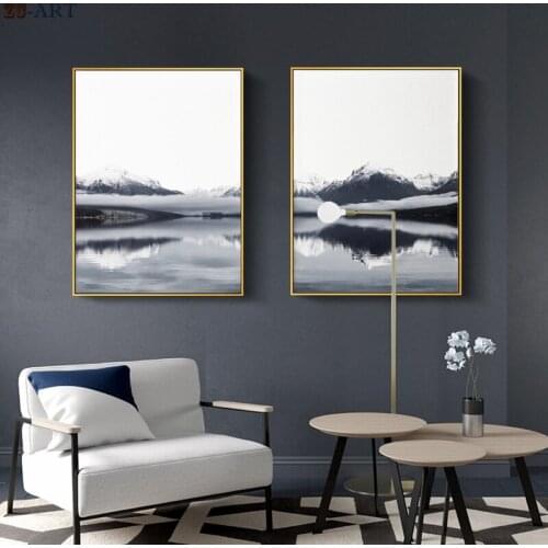 Landscape Paintings on The Wall Art Minimalist Canvas Painting Mountain Lake Print Black and White Poster Decoration Pictures