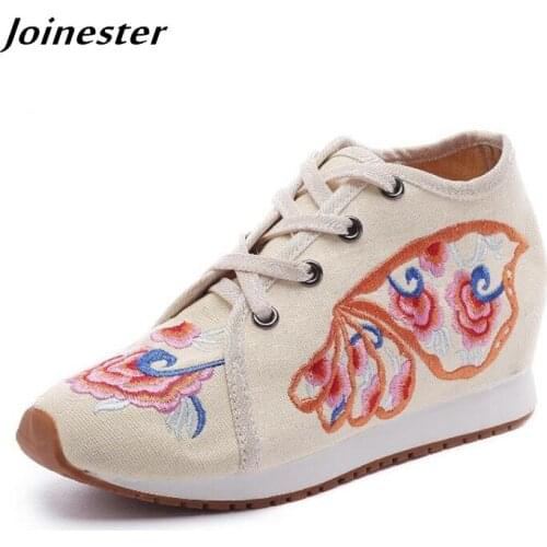 Retro Flower Embroider Lace Up Canvas Shoes for Women Round Toe Ethnic Flat Autumn Casual Sneakers Ladies Loafers Runway Shoes