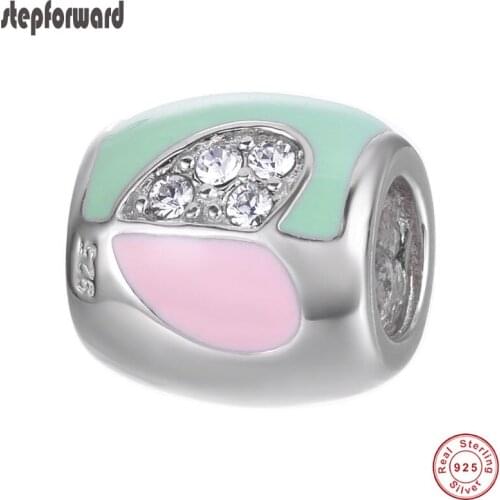 DIY High Quality Heart Pattern Pink & Green Enamel Handmade 925 Silver Barrel Charm For Bracelet Bangle Necklace Jewelry Making