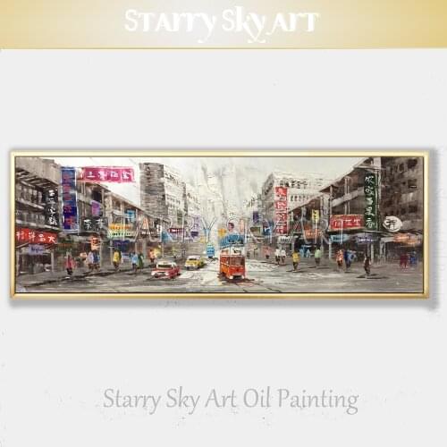 Professional Artist Hand-painted High Quality Wall Art Old HongKong Street Oil Painting on Canvas Hong Kong City Oil Painting