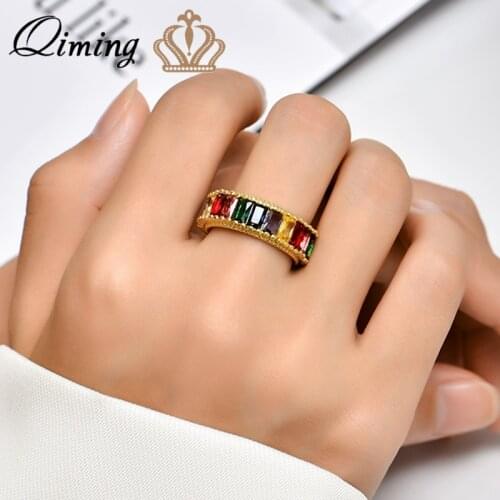 QIMING Rainbow Color Zircon Adjustable Ring Women Fashion Statement Jewelry Open Style Luxury Dress Ring Bague Gift