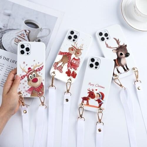 Christmas Elk Necklace Lanyard Phone Case For iPhone 13 11 12 Pro Max 13 Mini 7 8 Plus X XR XS Max 6 6S 5 5S SE 2020 Soft Cover