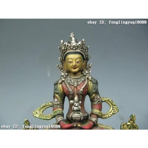 7"Tibet Buddhism Pure Bronze Copper painted Amitayus Guan yin Buddha Statue Discount 55