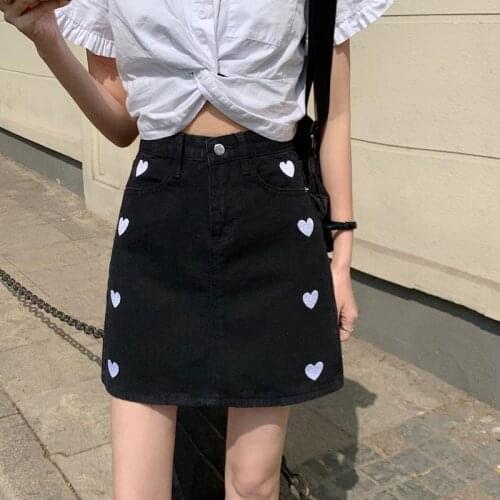 Love embroidery sweet denim skirt female Korean cute INS high waist loose A-line skirt summer fashion bag hip sexy mini skirt