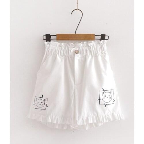 Women Clothing College Style Vintage Ruffle Shorts Japanese Kawaii Summer Blue Shorts for Teen Soft Girls Cute Cat Cartoon Print