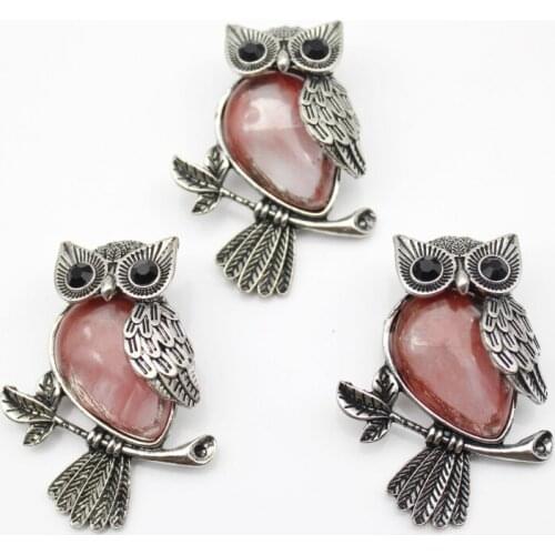 12pcs Vintage Silver Plated Owl Natural Unakite Gold sand Stone cherry quartz crystal Brooch For Women Charms Jewelry Brooches