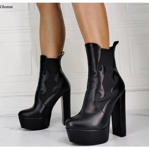 Olomm Handmade Women Winter Platform Ankle Boots Square High Heels Round Toe Elegant Black Club Shoes Women Plus US Size 5-15