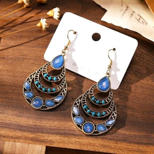 Pendientes Ethnic Womens Blue Beads Charms Earrings Fashion Jewelry Kolczyki Trendy Gold Alloy Water Drop Wedding Ear rings