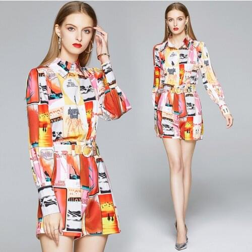 Euro-American Fashion England Style Printed Two 2 Piece Set Long Sleeve Loose Blouse Tops and Shorts Outfits Women Matching Sets
