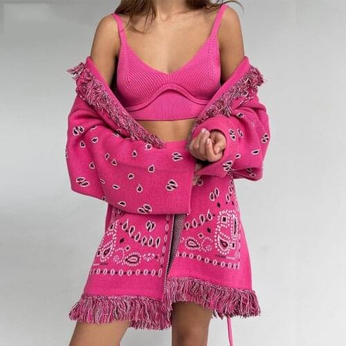 FUFUCAILLM Women Vintage Cardigan Knitted Tassel Loose Coat Ethnic Print Mid-length Cardigan Warm Winter Sweater Harajuku Tops