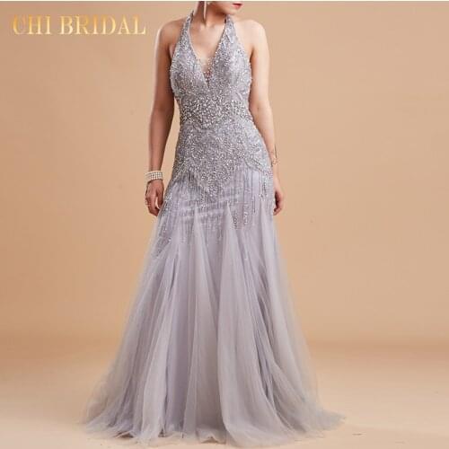 2021 New Silver Luxury Full Body Beading Evening Dresse Halter Female Elegant Evening Dress Handmade Ladies Long Dress