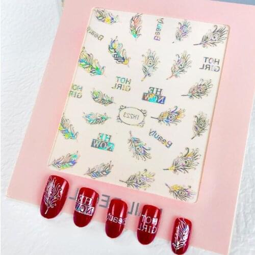 1Sheet Feather Bronzing Holographic Nail Sticker DIY Transfer Nail Art Decoration Decal Designer Charms Nail Equipment 85X100mm