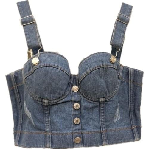 2020 denim Nightclub Dance Vest Women Sexy Sleeveless Wrapped Steel Bustier Crop Tops