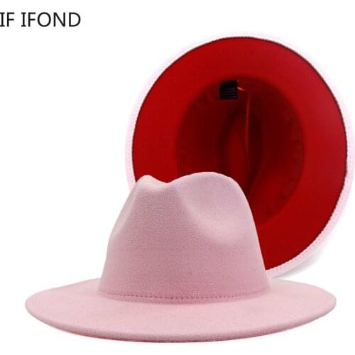 2021 Pink Red Patchwork Wool Fedora Hats Men Women Wide Brim Vintage Jazz Cap Lady Panama Trilby Hat