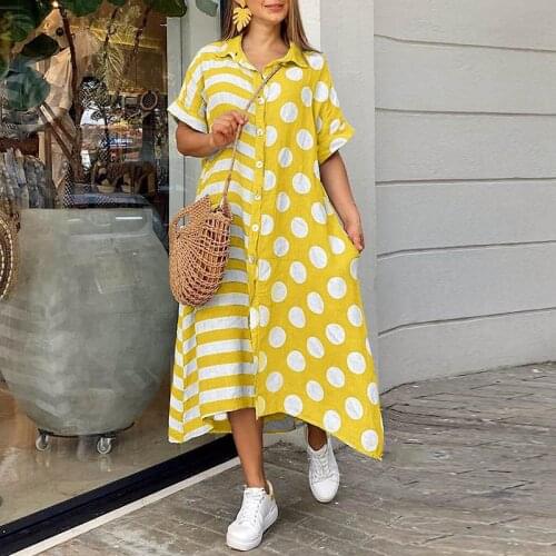 VONDA 2021 Women Printed Pleated Dress Vintage Casual Short Sleeve Lapel Collar Button Long Maxi Robe Asymmetric Party Vestido
