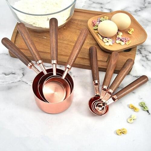 4PCS Walnut Handle Copper-plated Measuring Cups and Spoons Kitchen Baking Tool Bartending Scale Measuring Spoon Set