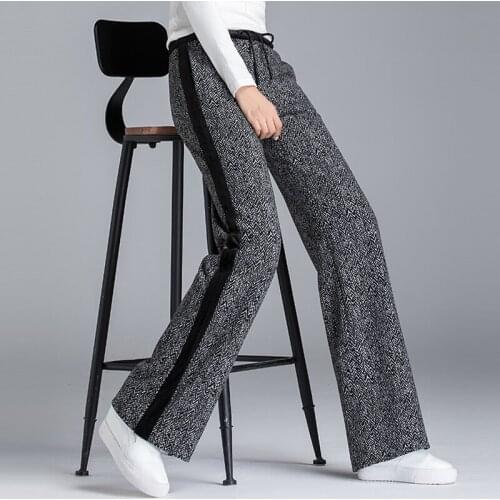 Fall Spring Fashion Casual Women Ladies High Waisted Patchwork Wide Leg Striped Knitted Pants , Woman Female 4xl Straight Pants