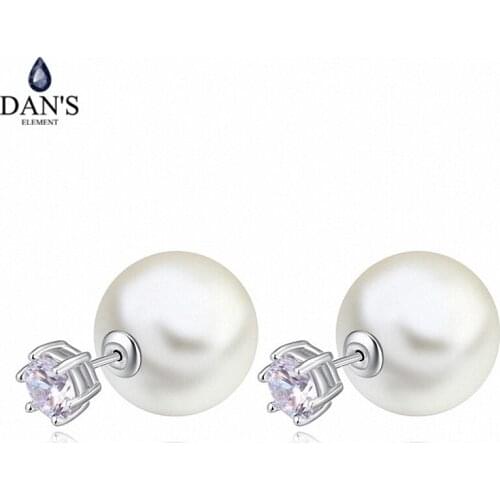 DANS ELEMENT Real Big Brand AAA Zirconia White Gold Color Simulated Pearl Fashion Ball Stud Earrings For Women 113756White