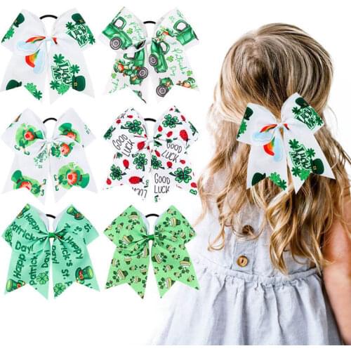 7" St. Patrick’s Day Large Bow Hair Tie Girl Rainbow Letter Car Print Ribbon Hair Rope Holiday Party Children’s Hair Accessories