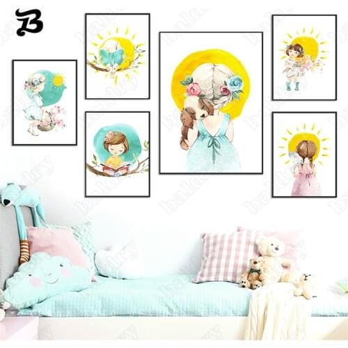 Canvas Painting Cartoon Cute Girls and Puppy Rabbit Sun Book Peony Wall Art Posters Prints Wall Pictures for Girls Bedroom Decor