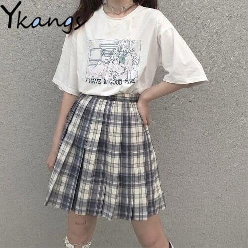 Harajuku Plaid Pleated Skirt White Short Sleeve Printing T-Shirt Preppy Style Two Piece Set Summer Casual JK WomenS Streetwear