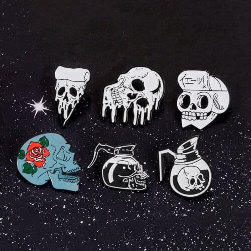 Skull Collection ! Rose Flowers Japanese Samurai Ninja Punk Skull Skeleton Hard Enamel Brooches Pin For Gift