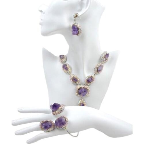 Amethyst Jewelry Set Pendant Necklace Earrings Bracelet Ring Sets for Women Purple Crystal Statement Choker Wedding Party Gifts