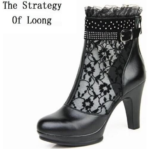 Summer Women High Heels Cut Out Lace Breathable Mesh Ankle Sandal Boots Ladies Genuine Leather Hollow Breathable Shoes sxq0603
